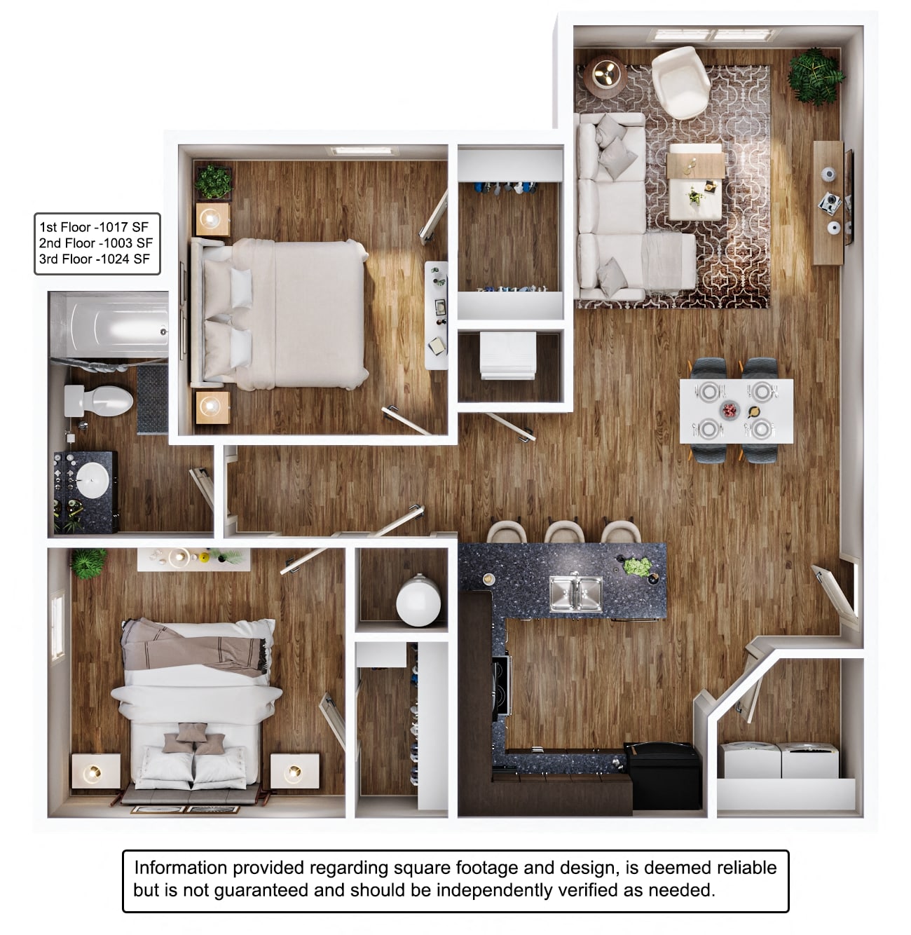 Floor plan for 2 beds, 1 bath, 1017 sqft